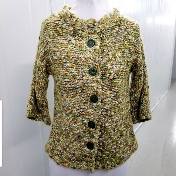 Leo & Nicole Cardigan Sweater Women's Size S Green Brown Button Front Wool Blend - Picture 1 of 7